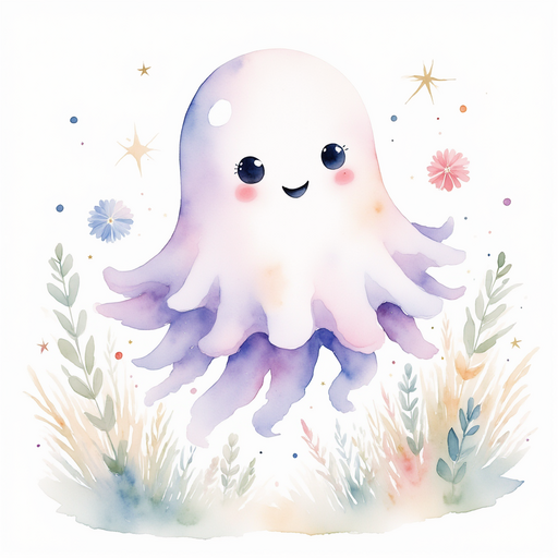 Glimmer Puff floats near a patch of flowers. In the background small creatures rest under tall grass.