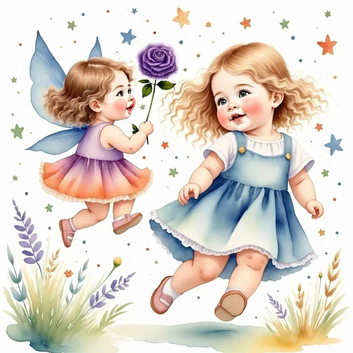 Rose follows the singing fairies, her face full of wonder with the purple flower in hand. Magical woods alive with color and the sound of fairy tunes.