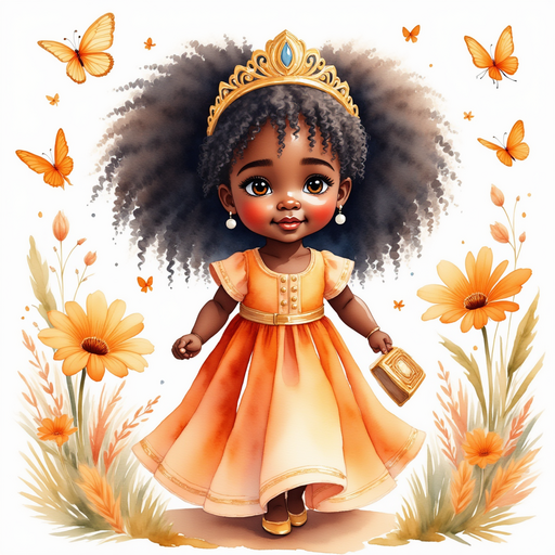 Queen Neena steps down a path lined with glowing flowers. In the background swirl bright butterflies.