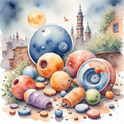 A scattered pile of old space crumbs and broken bits of toys. In the background, the rooftop’s stone floor