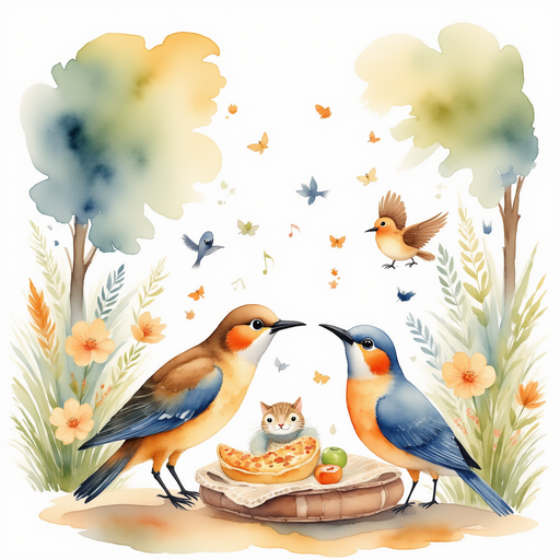 Illustrate a flock of musical birds, their feathers vibrant and melodies harmonious, telling stories of adventure. In the background, a delightful picnic scene with animals gathered around.
