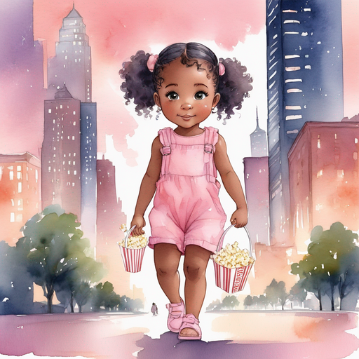Aset wearing two shoulder length curly ponytails with barrettes is wearing a pink romper and sandals walking in urban night lights holding box of popcorn cityscape skyscrapers landscape.