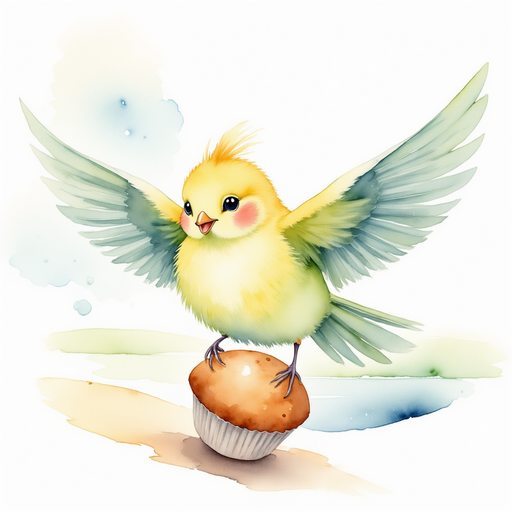 A small, colorful bird flapping its wings as it struggles to roll a large muffin back towards the basket. In the background, the calm river beautifully reflecting the blue sky.