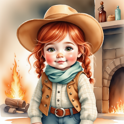 Calamity Kate seen by the fireplace, smiling with craft supplies. In the background, a soft fire glows and a wooden table stands
