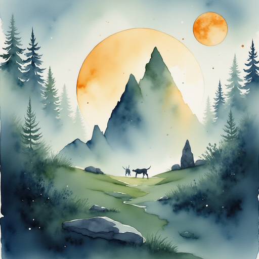 Billowing, shadow-like shapes inching toward the glowing stone. In the background, mist drifts across a quiet meadow under the pale moon