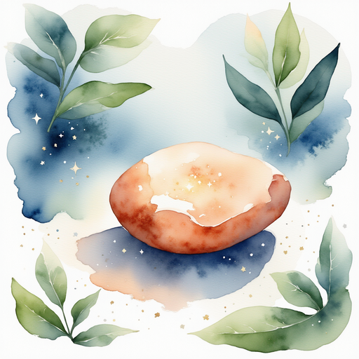 The pebble shining with tiny magical sparkles. In the background, bright leaves.