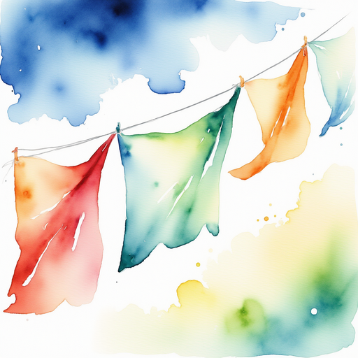 Brightly colored flags swirl in the breeze. In the background, a patch of sky gleams with sunlight
