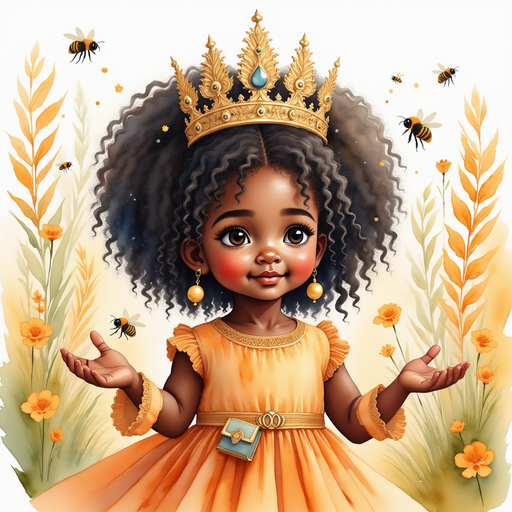 Show Queen Neena holding out her hands gently to the bees. In the background stands tall, magical flowers.