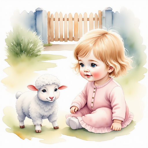 The patient lamb rests outside the school gate, waiting for Mary. In the background, the fence of the schoolyard encloses a small grassy area.
