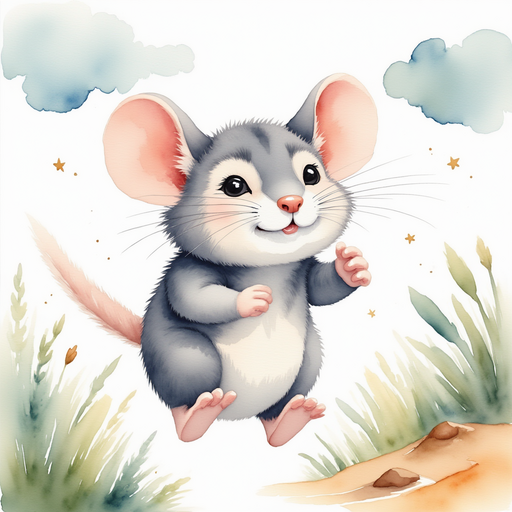 Illustrate Milo racing energetically through the treetops, a determined expression on his face. Sky with wispy clouds