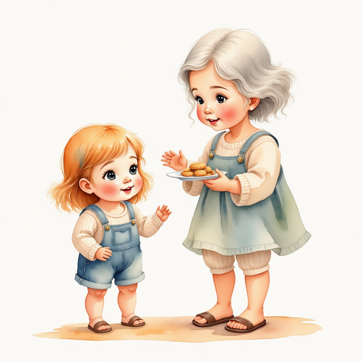 Millie's grandmother gesturing, with a plate of cookies beside her. A quaint and homely cozy interior.