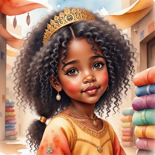 Queen Neena chats with a merchant, both looking thoughtful. In the background, stacks of colorful blankets.