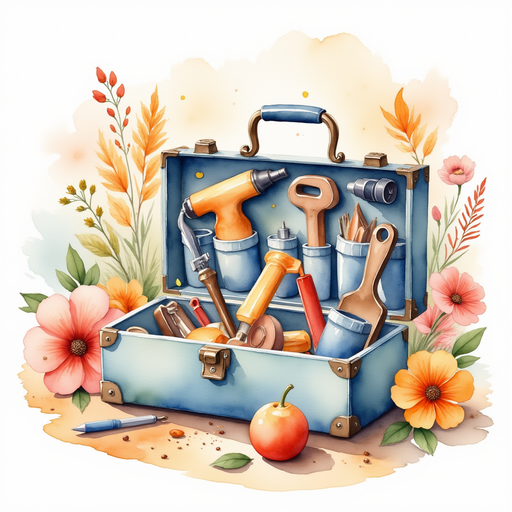 A tiny toolbox sits open with shiny tools inside. In the background bright flowers bloom.