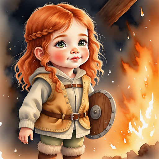 Bolda stares thoughtfully into the flames, her braided hair catching the firelight. In the background, a large wooden beam creaks overhead