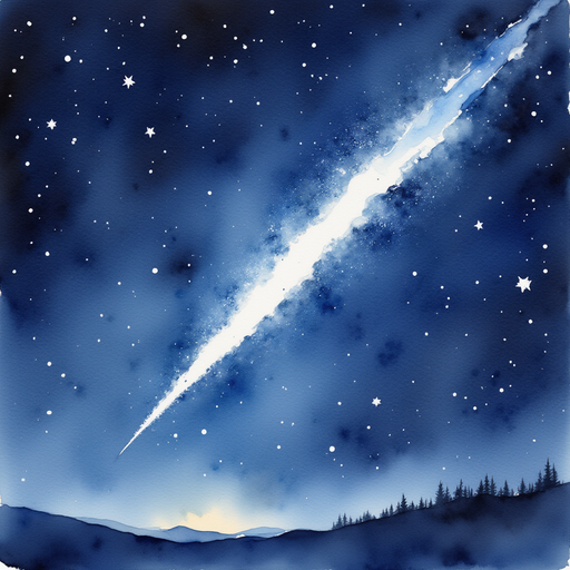 A comet streak glows brightly in the sky. In the background, distant stars shimmer in the night.