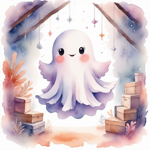 Glimmer Puff the joyful Ghost floating gently near old boxes and a dusty trunk. In the background, cobwebs hang from wooden rafters.