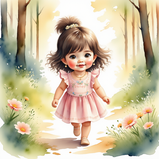 Princess Zoombella walking carefully among tall, glowing trees In the background, softly lit branches and shifting shadows