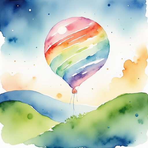 A tall, twisting bubble glowing with rainbow stripes. In the background, rolling green hills.