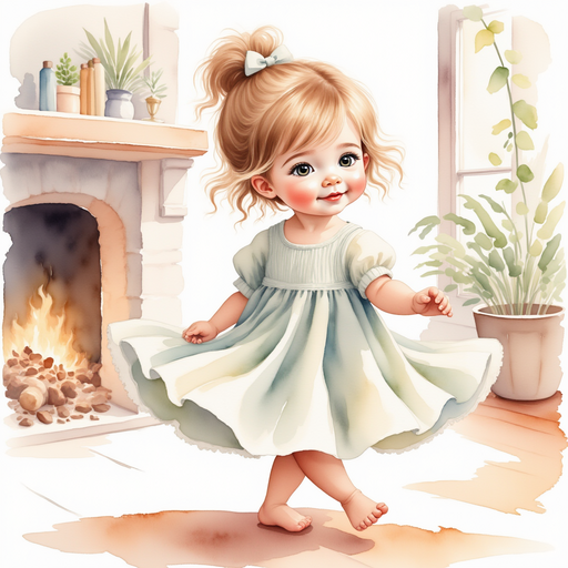 Abigail twirling gracefully in her living room, imagining it as a grand stage. In the background, there is a cozy fireplace and shelves with books and family photos.