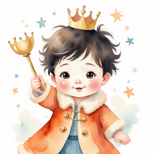 Show King Doodle Bum holding a small scepter high. In the background, soft clouds drift by.