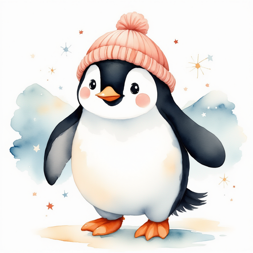 Poppy the penguin, with a determined expression, sets off on her adventure, waddling through a summer landscape with snowflakes swirling around. In the background, gentle hills dusted with snowflakes glisten in the sunlight.