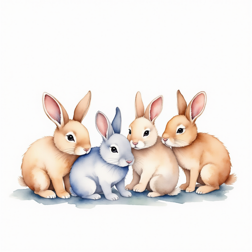 a group of rabbits huddling together. In the background, small green bushes