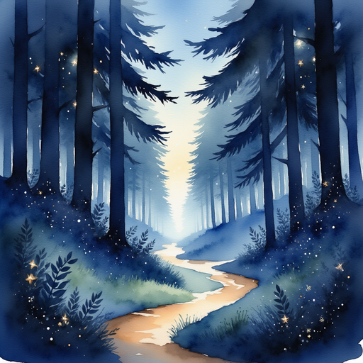 A trail of twinkling lights leading through the forest, inviting and mysterious. Shadowy tree silhouettes