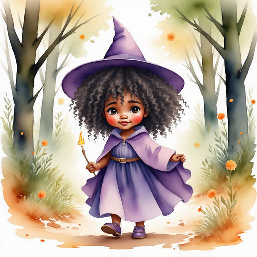 Willow Charms - who is black - is wearing a pointed hat, walks among tall, twisting trees with a tiny flame dancing in her hand. In the background, soft lanterns glow under leafy branches