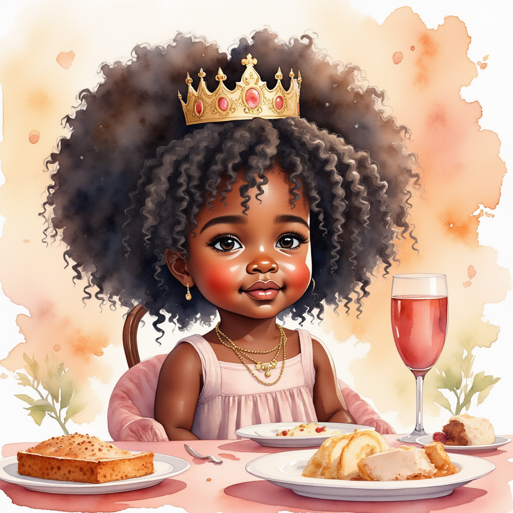 A black princess - age 5 years-old - looking regal and sitting at a banquet table