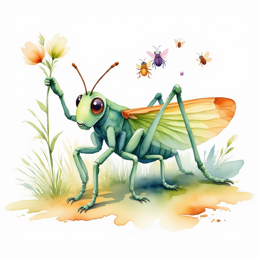 Buzzywhirl cheerfully waving a spring toward the three new insects. In the background small insects scurry along the wall.