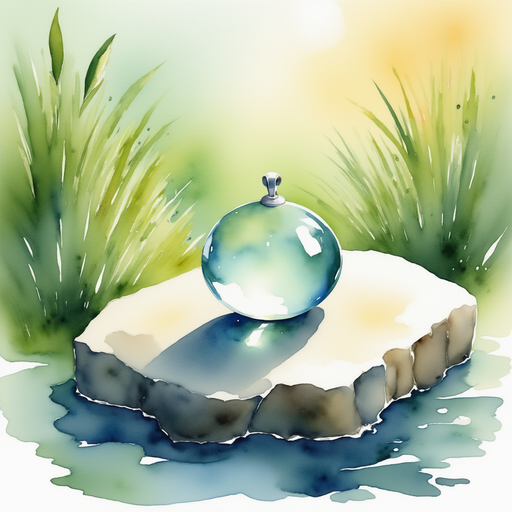 A shimmering droplet-shaped pendant resting on a flat, gray stone. In the background, dew-covered grass glistening in soft light.