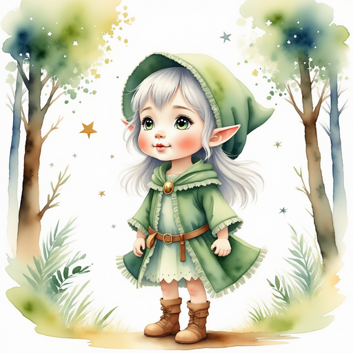 Flicker Sparkleaf gazes at the sky, imagining snowflakes forming in the clouds In the background, tall trees loom overhead with branches dusted white