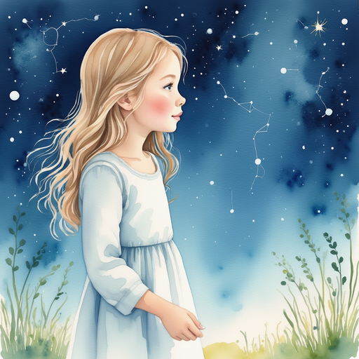 Vivian looking at the star chart, with a constellation that looks like a musical note.