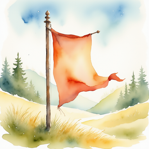 A giant festival banner rippling gently from a tall wooden pole In the background, the early sunlight glows behind gentle hills.