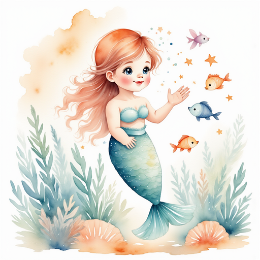 Illustrate Pearl with a look of wonder as she follows a sparkling path created by the glowing necklace. In the background, an endless expanse of calm ocean water.