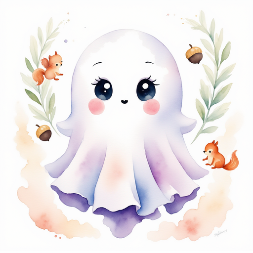 Glimmer Puff watches squirrels pass acorns in little paws. In the background tall branches sway in a gentle breeze