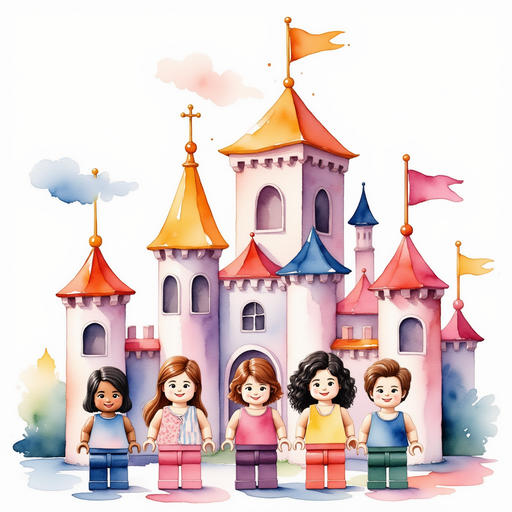 Illustrate the intricate model of the dream castle made of Legos, featuring turrets and a moat. In the background, stacks of loose Lego bricks waiting to be used.