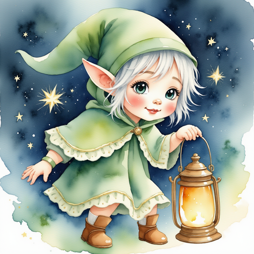 Flicker Sparkleaf traces her finger over faint runes on the lantern handle. In the background, fireflies sparkle like tiny stars.