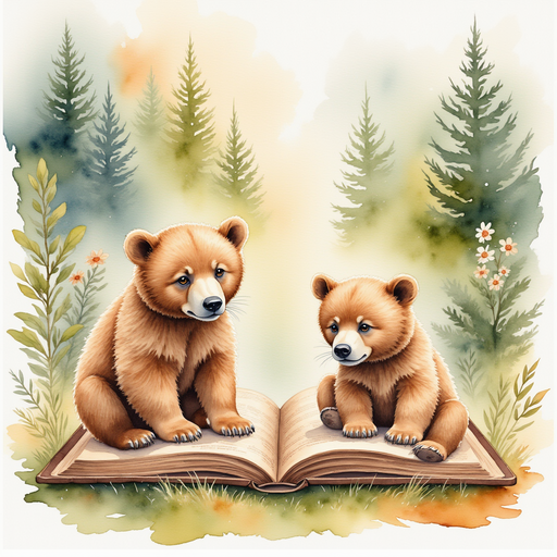 An old, dusty photo album filled with sepia-toned photos of young bears. In the background, vibrant forest foliage.