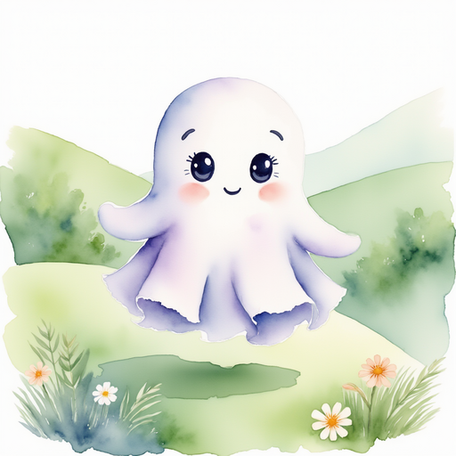 Glimmer Puff floats happily over green grass, smiling at bright flowers. In the background are gentle rolling hills