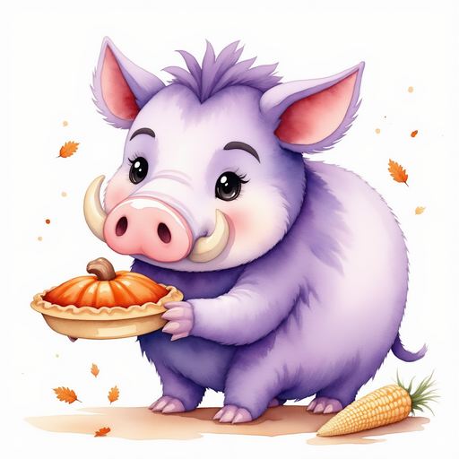 Brutus sniffing a pumpkin pie with a small note on its crust. In the background a bundle of dried corn husks.