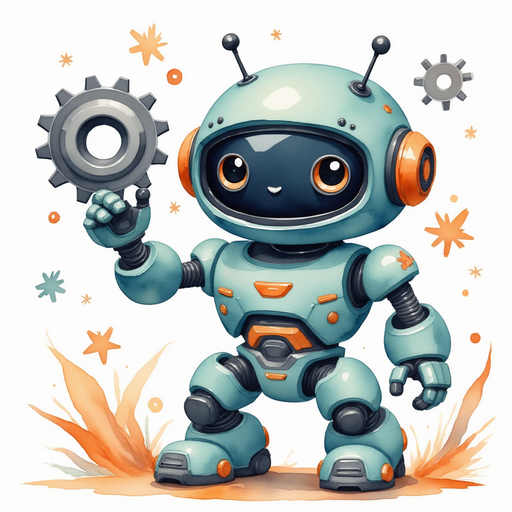 Blinky Sparx holding a shiny gear up in the air triumphantly In the background carefully folded papers and neatly arranged cogs