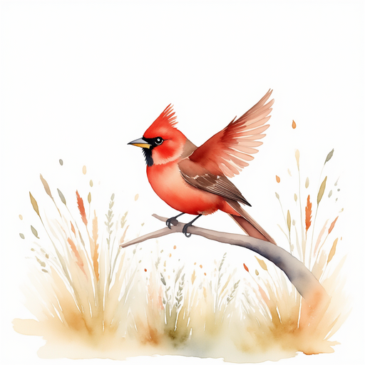 A red bird perched on the branch with wings slightly spread. In the background: Gently swaying meadow grass.
