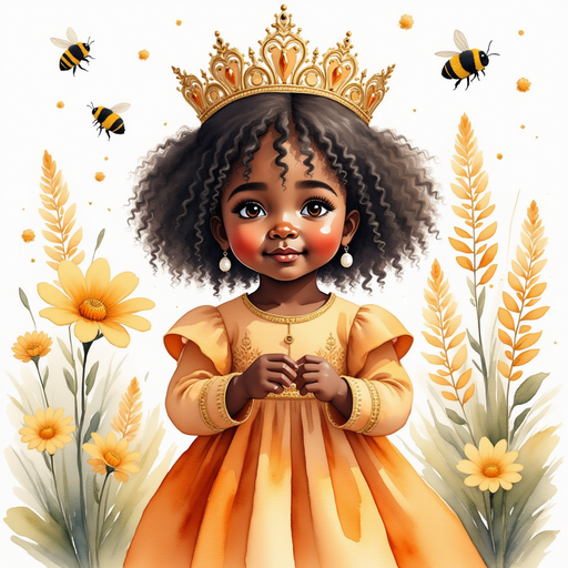 Show Queen Neena lifting her hands, facing the bees. In the background stands tall, magical flowers.