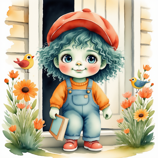 Zigzag Zander happily peeking through his front door, wearing a big grin and holding a small puzzle book. In the background, singing birds perched on colorful flowers.