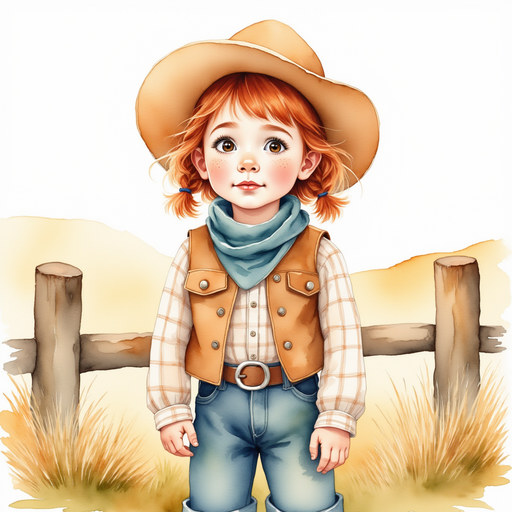 Calamity Kate squinting at the horizon with her hat tilted against the bright sunlight, standing near a fence. In the background rolling grassland