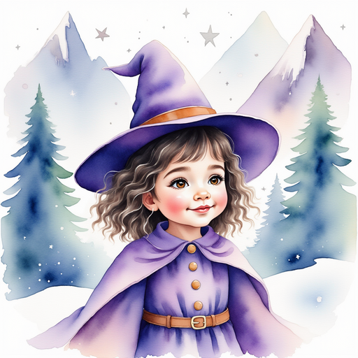 Willow Charms gazes out of a frosty window, smiling. In the background, tall snow-capped peaks