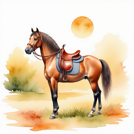 A big saddle rests on the horse’s back. In the background, the sun shines softly.