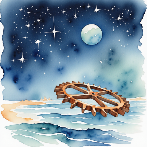 A single rusted gear drifts lazily just above the deck. In the background, white stars blink calmly