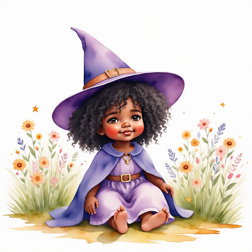 Willow Charms -who is black - is kneeling in the tall grass with her wide hat, smiling at the golden sky. In the background, an array of wildflowers bloom in many colors